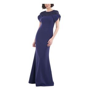 JS COLLECTION Womens Navy Bow Cap Sleeves Full-Length Formal Gown Dress 2